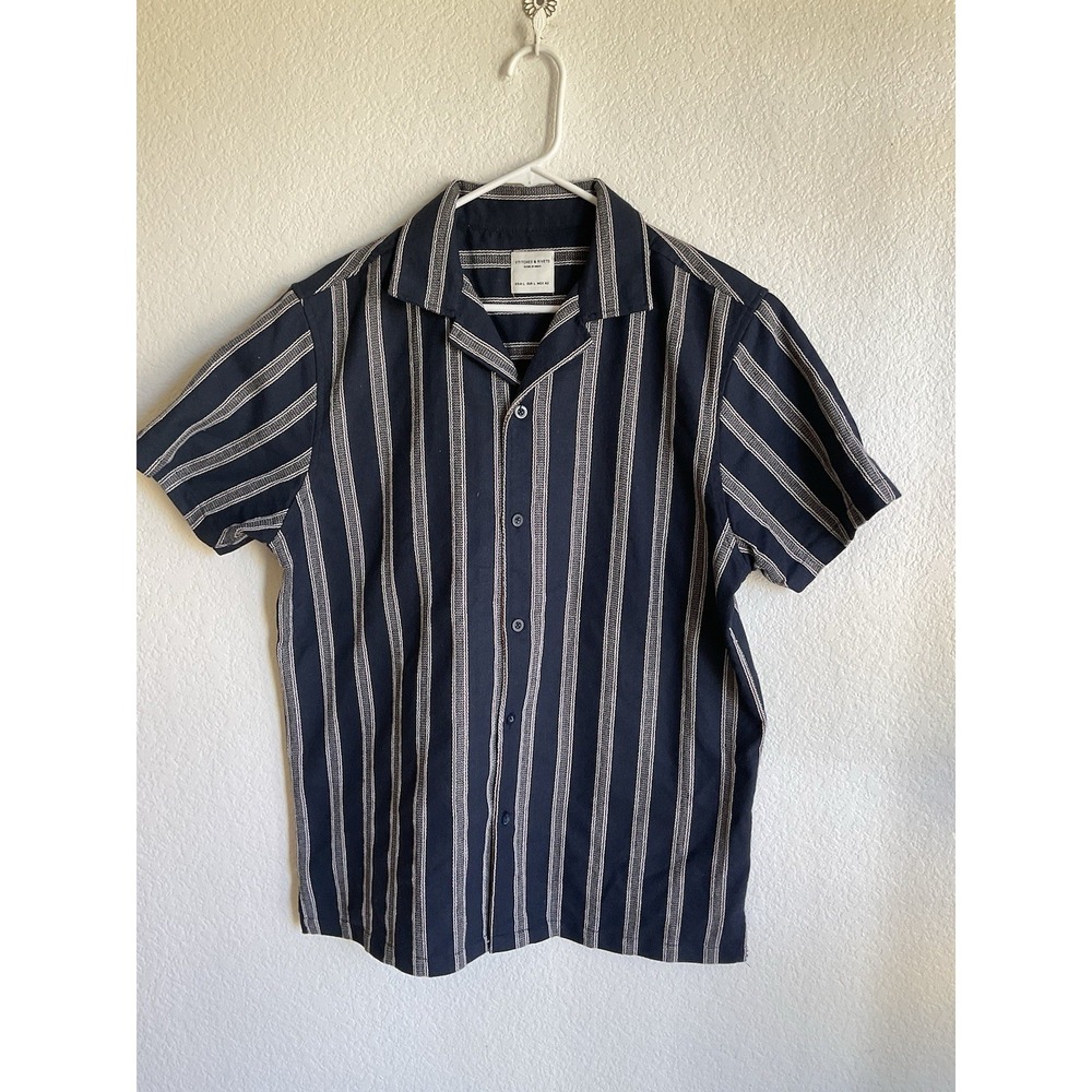 Stitched & Rivets Large Men Short Sleeve Button Up Blue Brown Stripes Casual‎